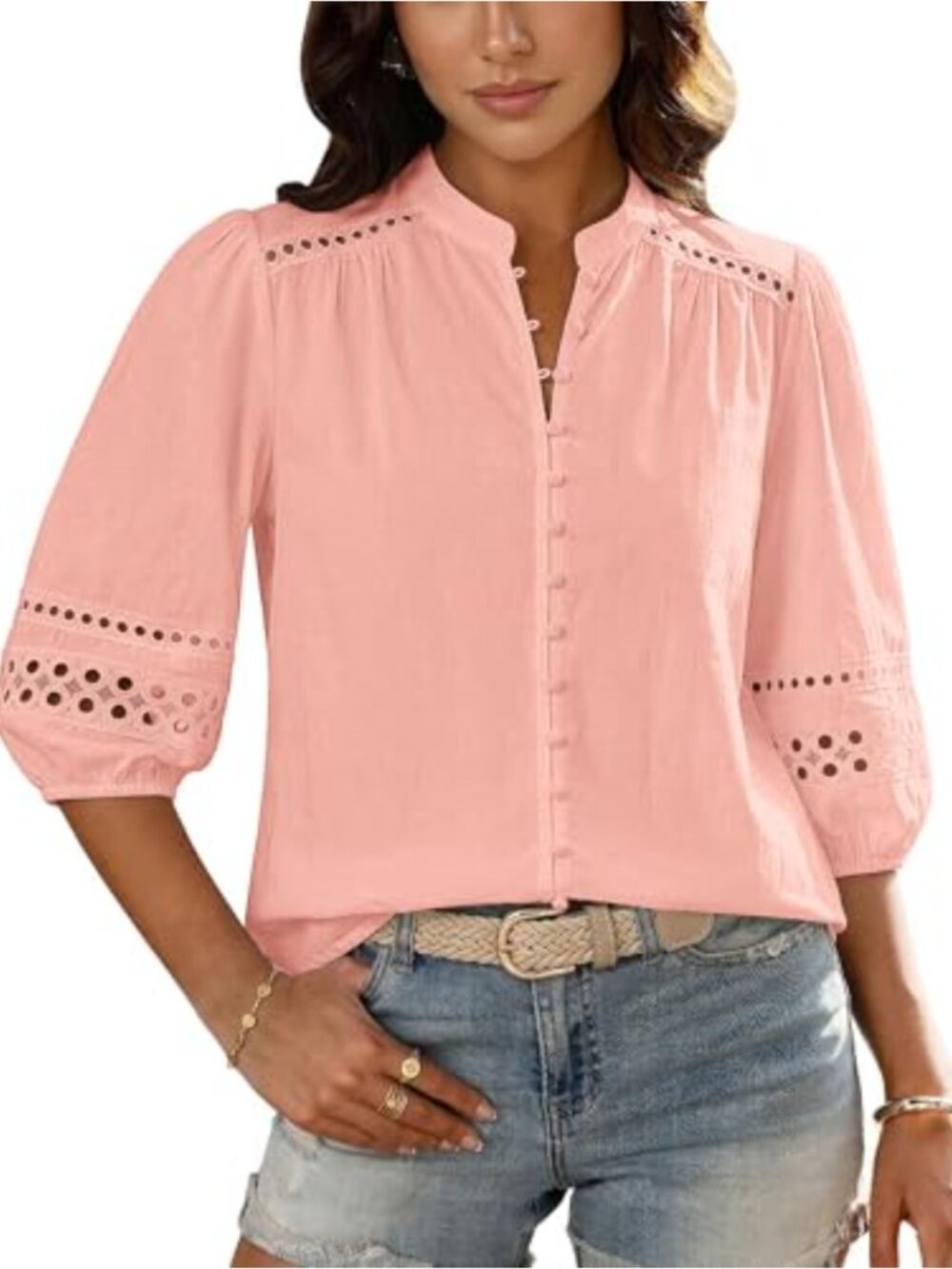 Cotton Eyelet Button Down Blouse 3/4 Puff Sleeve Mandarin Collar Top